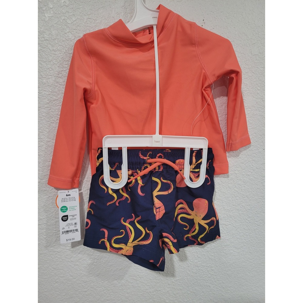 Carters 6M 2 Piece Rashguard Swimsuit Set Orange/Navy Octopus NEW #2‎